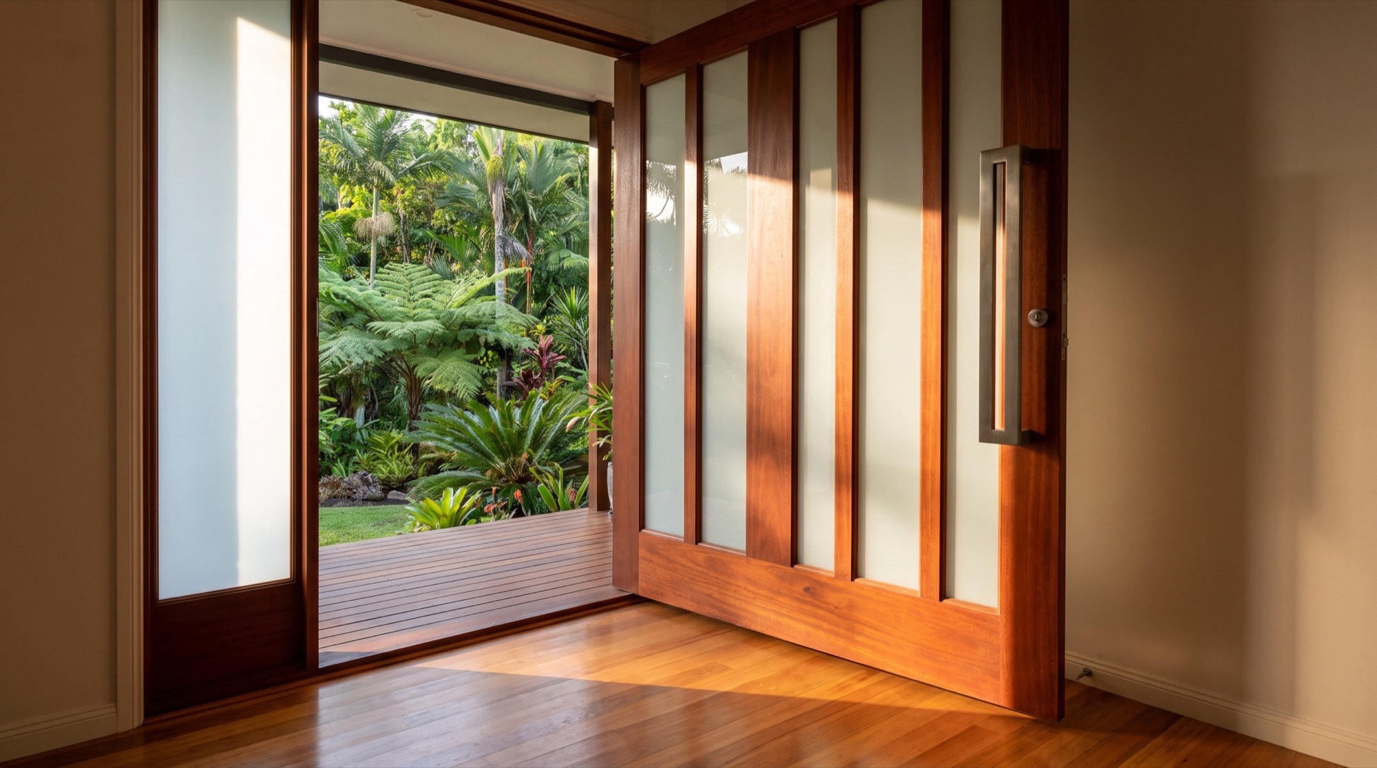 A solid timber entry door standing open onto a tropical garden, light across polished floorboards