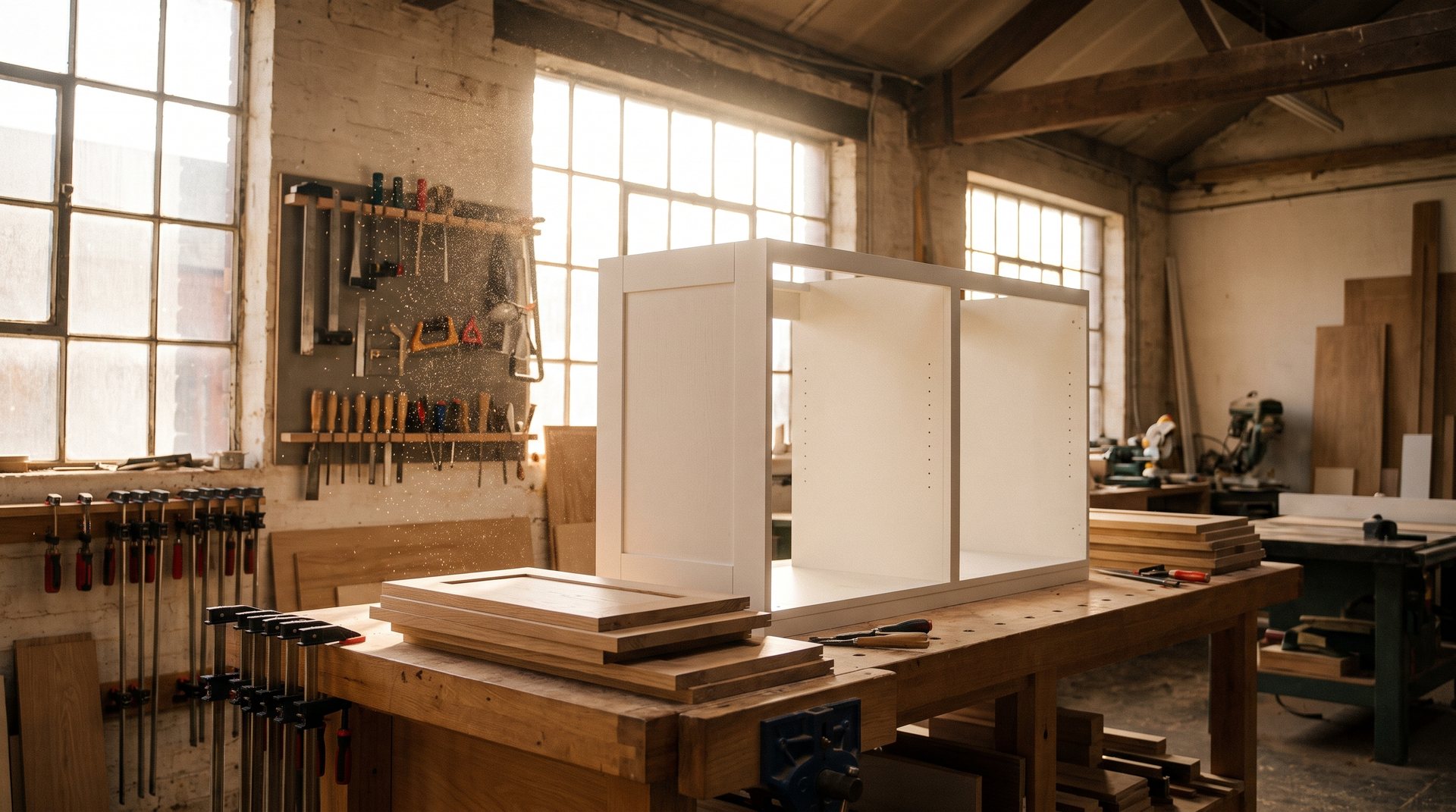 A cabinet carcass and door fronts on a workbench in a light-filled workshop