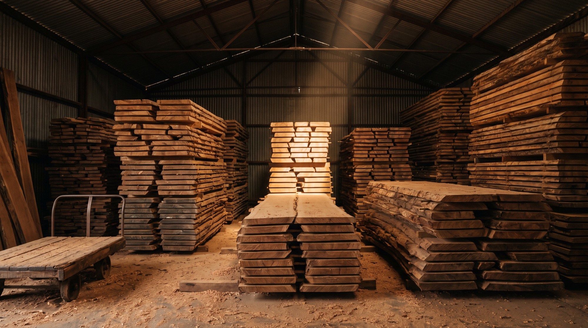 Stacked and stickered hardwood boards and slabs filling a timber shed