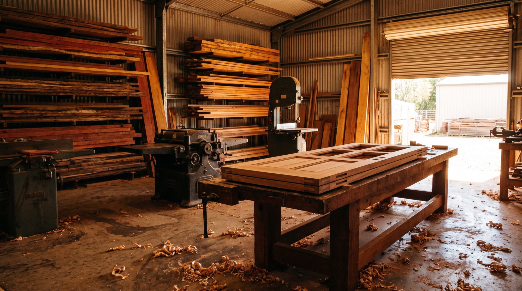 A part-built solid timber door on a workbench in a hardwood joinery shed, timber racked along the walls